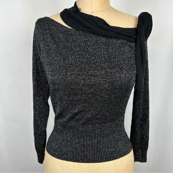 Ramy Brook New York Silver Metallic Shiny Knit Black Tie Neck Sweater - Picture 3 of 10